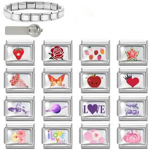 Eslabones de pulsera modular italiana de acero inoxidable con diseños de corazones y frutas