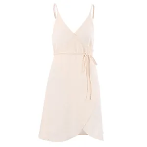 Elegant summer V-neck crinkle gauze cotton spaghetti strap wrap dress in cream white