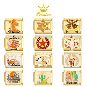 Western Cowboy Thema Italienische Charms Edelstahl Gold DIY Modulare Links Für Armbänder Kaktus Sheriff Stern Gitarre Hut