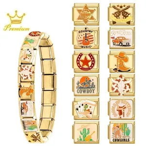 Goldenes Italienisches Modul-Charm-Armband im Western-Cowboy-Stil mit DIY-Edelstahl-Charms