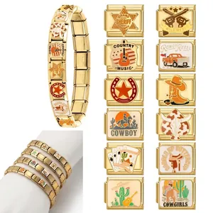 Goldenes italienisches modulares DIY-Charm-Armband mit Western-Cowboy-Themen-Zubehör
