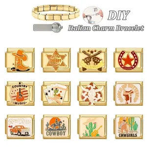 Goldenes italienisches Charm-Armband Set mit verschiedenen Western-Cowboy-DIY-Modul-Zubehörteilen