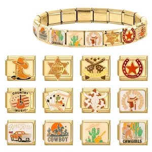 Goldenes italienisches Modularmband mit Western-Cowboy-DIY-Emaille-Charms-Gliedern
