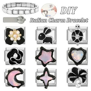 Customizable stainless steel Italian charm bracelet with rabbit heart and star charms