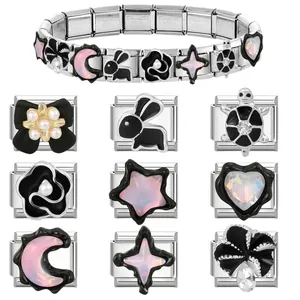 Italian modular charm bracelet with stainless steel links featuring black animal motifs