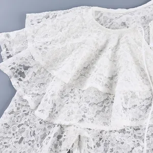 Detail van de kantstructuur en ruffelkraag van een witte doorschijnende blouse.