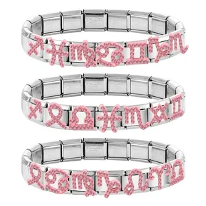 Dettaglio di tre bracciali modulari con segni zodiacali in strass rosa su base acciaio.