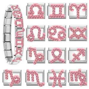 Charm zodiaco con strass rosa per bracciale a maglie in acciaio inossidabile italiano