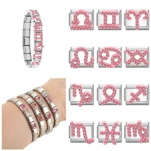 Bracciale modulare in acciaio inossidabile con ciondoli zodiacali in strass rosa DIY
