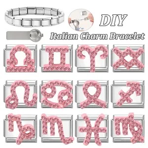 Charm italiani zodiaco strass rosa per set bracciale fai-da-te in acciaio