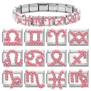 Bracciale italiano componibile con segni zodiacali in strass rosa e moduli in acciaio