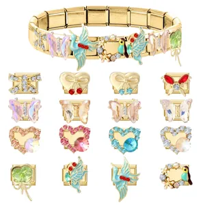 Bracelet à breloques modulaires DIY italien avec papillon et cœur finition or