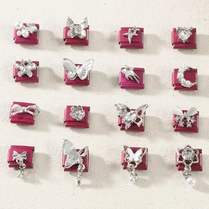 Lot de 16 breloques de bracelet italien DIY fuchsia avec des motifs de papillons argentés
