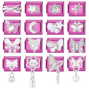 Liens de Bracelet à Breloques en Acier Inoxydable Magenta DIY Style Italien pour Femmes Breloques Modulaires Nœud Cœur