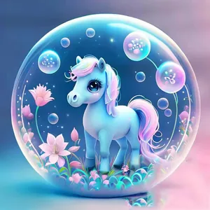 Detalle del colgante acrílico para coche con lindo poni azul dentro de burbuja de cristal