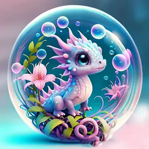 Detalle macro de un adorno de dragón púrpura caprichoso en una burbuja de cristal