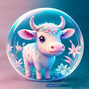Lindo colgante de coche de acrílico de vaca blanca con flores rosas en esfera luminosa