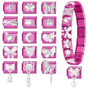 Bracelet à breloques DIY style italien magenta avec motifs papillon et étoile
