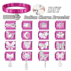 Kit de bracelet italien DIY magenta avec 16 charms décoratifs et outil de montage