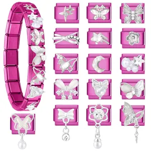 Bracelet italien DIY rose rose en acier inoxydable avec breloques papillon et nœud