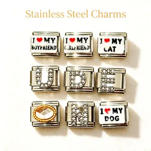 Stainless Steel Italian Modular Charm For DIY Bracelet Link I Love My Boyfriend Girlfriend Heart Initial Jewelry Charm