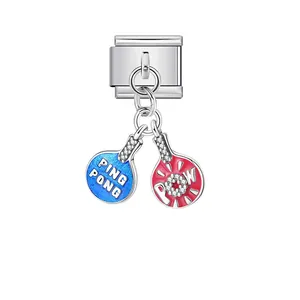 Detailed close-up view of silver Ping Pong paddle charm for modular jewelry bracelets
