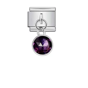 Detailed view of Italian modular charm link with a round faceted purple crystal pendant