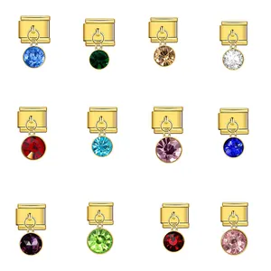 Golden Italian Charm Link Pendant Stainless Steel Twelve Star Stone Birthstone DIY Bracelet Accessory For Women Jewelry