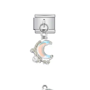 High-quality Italian modular charm link with sparkling opal crescent moon pendant