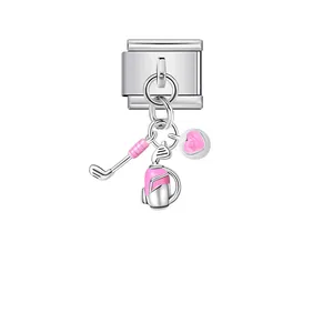 Detail of silver stainless steel golf theme Italian charm with pink enamel accents