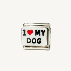 Close-up of a stainless steel Italian charm link with 'I Love My Dog' enamel art