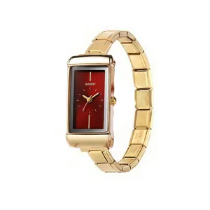 Zijaanzicht van vintage gouden rechthoekig horloge met rode wijzerplaat en modulaire band.