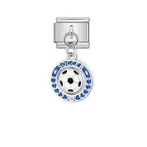 Close-up detail of silver stainless steel soccer charm for Italian modular link bracelet