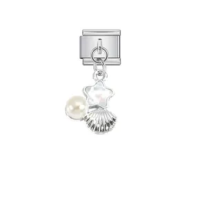 Premium stainless steel Italian charm link with elegant pearl, shell, and star pendants