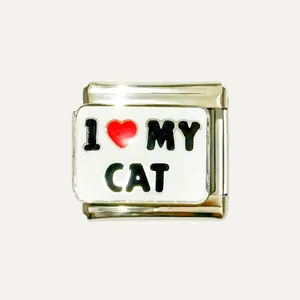 Close-up of a stainless steel Italian modular charm link with 'I Love My Cat' design