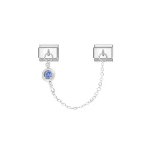 Detail view of Italian modular charm with light blue birthstone and connecting chain
