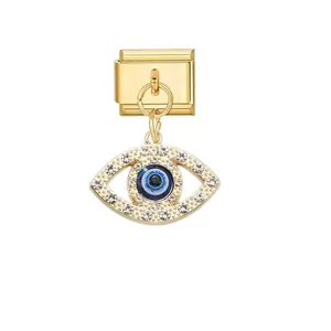 Gold Italian modular charm link featuring a dangling crystal-encrusted evil eye pendant