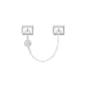 Detail view of Italian modular charm with safety chain and clear birthstone crystal