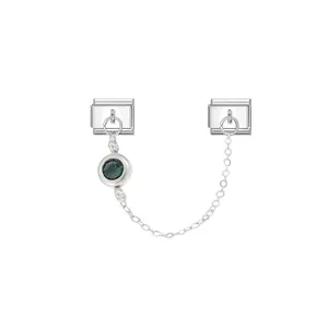 Elegant stainless steel Italian modular charm link with a green birthstone and safety chain.