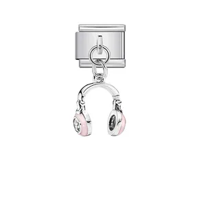 Detailed silver headphone charm with pink enamel and crystal for Italian modular link