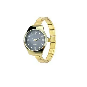 Close-up of golden modular stainless steel watch with gray sunray dial