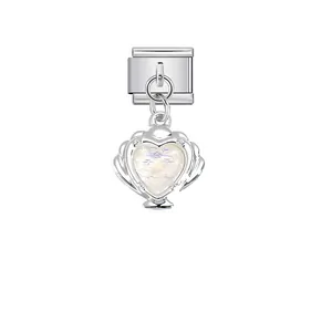 Elegant silver stainless steel Italian charm link with heart shaped shell pendant detail.