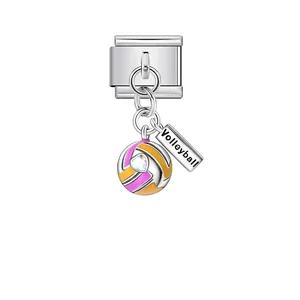Detail view of Italian volleyball charm with pink enamel and sparkling heart stone