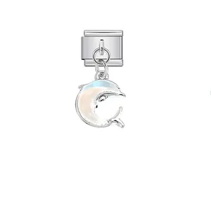 Detail view of a dolphin charm pendant for stainless steel Italian modular bracelets.