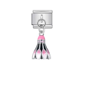 Detailed view of Italian modular charm featuring a pink and black enamel shuttlecock