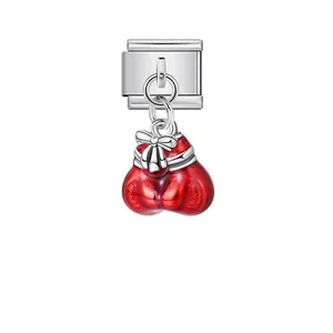 Red boxing glove pendant charm link for Italian modular bracelet DIY jewelry.