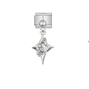 Detail view of silver stainless steel Italian charm link with star and heart crystal