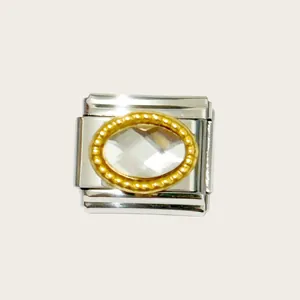 Italian charm link in stainless steel with crystal oval center for DIY bracelets