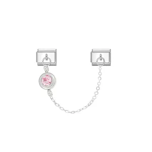 Detailed macro view of pink birthstone charm with stainless steel Italian link module