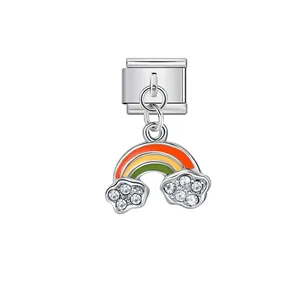 Silver Italian modular charm featuring a colorful enamel rainbow and rhinestone clouds.